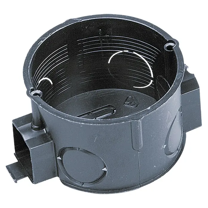 Kombischalterdose Normal - 60 x 41 mm, 1-fach, Schwarz, 25 Stk. - Nahaufnahme einer runden, schwarzen Verteilerdose aus Kunststoff mit seitlichen Einführungen für elektrische Leitungen.