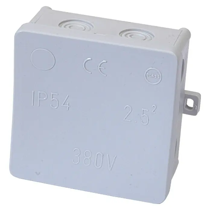 Feuchtraum-Abzweigdose - 75 x 75 x 40 mm, Aufputz, 10 Stk. - Graue Verteilerdose, mit CE- und IP54-Kennzeichnung, geeignet für Elektroinstallationen und bietet Schutz vor Staub und Spritzwasser.