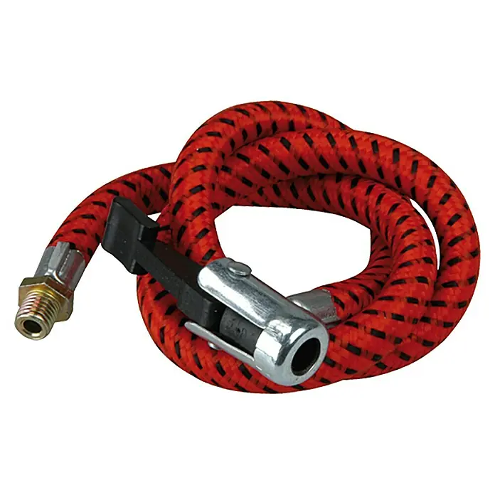 UniTEC Fußluftpumpen-Ersatzschlauch - 58 cm, UniTEC Fußluftpumpe - Nahaufnahme eines gewickelten Reifenfülldruckschlauchs mit Reifenfülleranschluss.