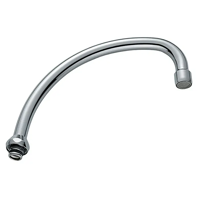 Neoperl HU-Rohrauslauf - ¾″, Länge: 20 cm, Verchromt - Ein verchromter Wasserhahn Auslauf in gebogener Form mit einem geriffelten Auslauf und einem Gewindeanschluss.