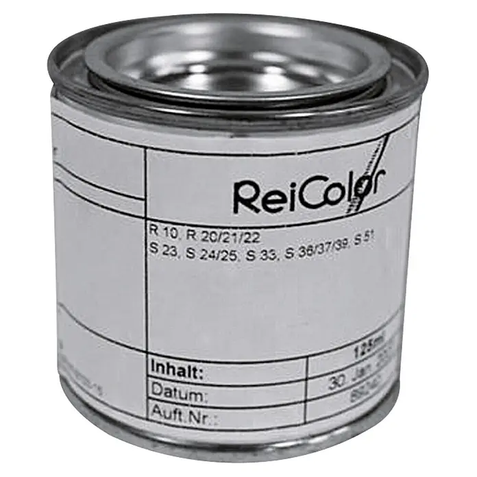 Ofenlack - 0,1 l, Schwarz - Dose ReiColor Farbe mit Gefahrenhinweisen und Angaben zu Inhalt und Datum.
