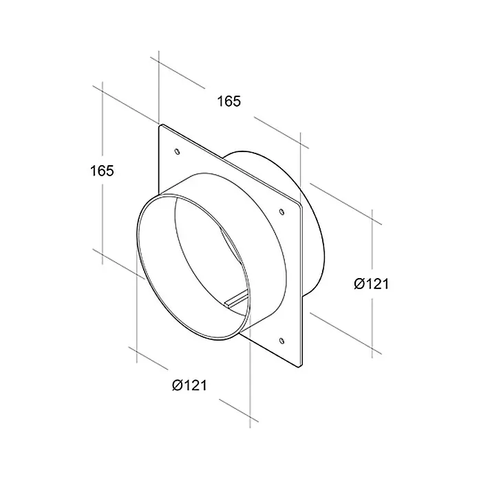 Air-Circle Maueranschlussstutzen - Durchmesser Anschlussstutzen: 125 mm, Max. Luftleistung: 600 m³/h - Isometrische Darstellung eines runden Kanalanschlusses mit quadratischer Montageplatte und den Maßen 165 mm und einem Durchmesser von 121 mm.