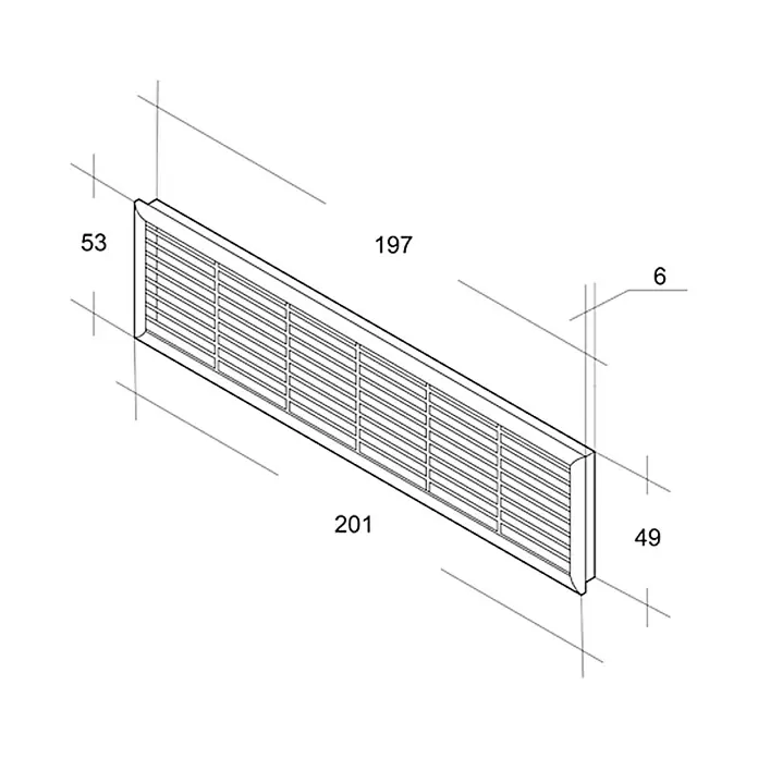 Air-Circle Möbelgitter - 20,2 x 5,3 cm, Weiß - Produktdiagramm eines länglichen Lüftungsgitters mit Maßangaben, das die Abmessungen und das Design des Lüftungsgitters hervorhebt.