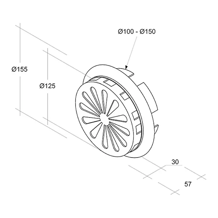 Air-Circle Luftgitter - Klemmbereich: Ø 150 - 100 mm, Weiß - Technische Zeichnung eines runden Abluftventils mit den Maßen Ø100-Ø150, Ø155, Ø125, 30 und 57.
