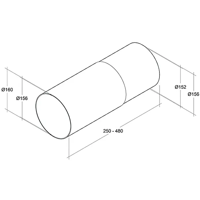 Air-Circle Teleskop-Rundrohr - Durchmesser: 150 mm, 25 cm - 48 cm, Max. Luftleistung: 600 m³/h - Produktbild eines Rohrs mit verschiedenen Durchmessern und einer Längenangabe, dargestellt in einer technischen Zeichnung.