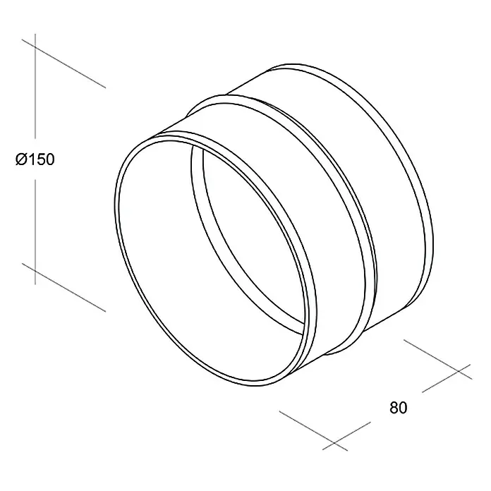 Air-Circle Schlauchverbinder - Durchmesser: 150 mm, Verzinkt - Abbildung eines Kanalverbinders mit den Maßen Ø150 und 80, dargestellt als technische Zeichnung.