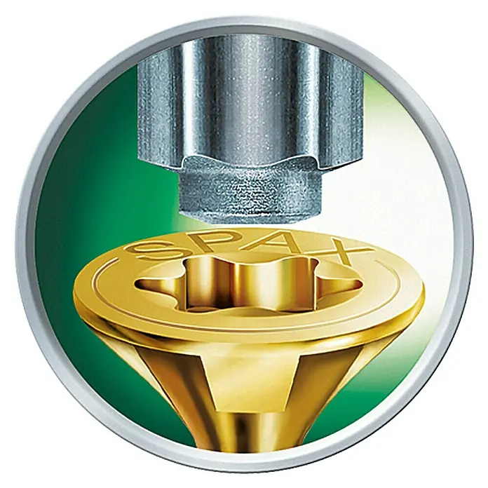 Spax T-Star plus Universalschraube T-Star plus - Ø x L: 6 x 180 mm, WIROX Oberfläche, T-Star plus, 20 Stk. - Nahaufnahme einer goldfarbenen Spax-Schraube mit einem silberfarbenen Bit, ideal für Heimwerkerprojekte.
