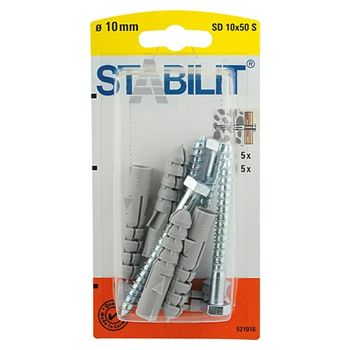 Stabilit Spreizdübel - Durchmesser Dübel: 10 mm, Länge Dübel: 50 mm, 5 Stk., Mit Schrauben - Eine Packung STABILIT Dübel SD 10x50 S, inklusive 5 Dübel und 5 Schrauben, ideal für Befestigungen in verschiedenen Materialien.