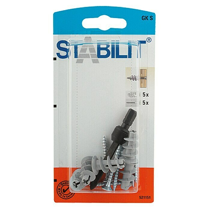 Stabilit Gipskartondübel-Set5 Stk., Länge Dübel: 22 mm, Geeignet für: Plattenbaustoffe & Hohlräume, Kunststoff, Mit Schrauben/Haken Front View