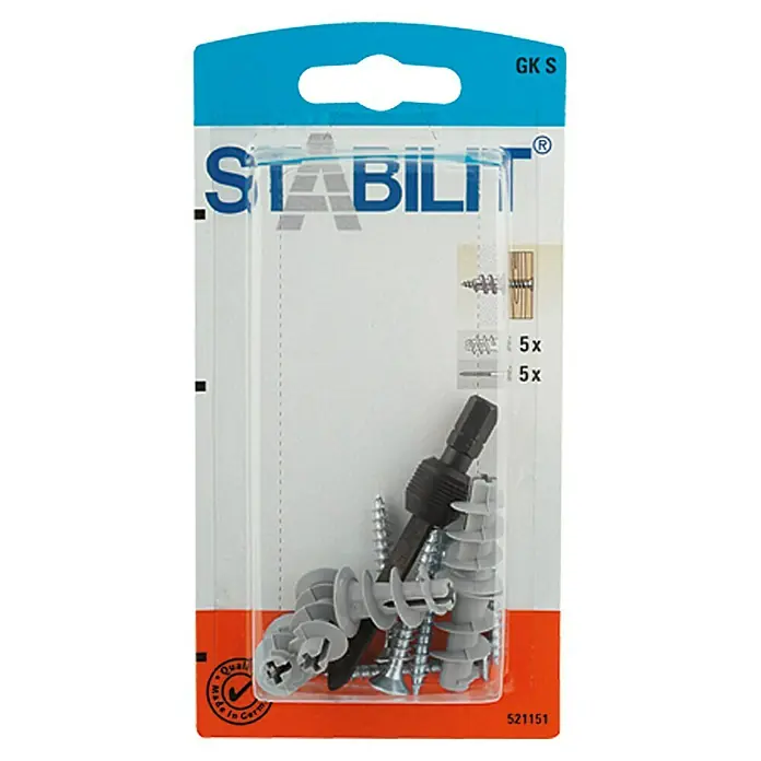 Stabilit Gipskartondübel-Set - 5 Stk., Länge Dübel: 22 mm, Geeignet für: Plattenbaustoffe & Hohlräume, Kunststoff, Mit Schrauben/Haken - Eine Packung Stabilit GK S Gipskartondübel mit Schrauben und Montage Werkzeug für Gipskartonwände.