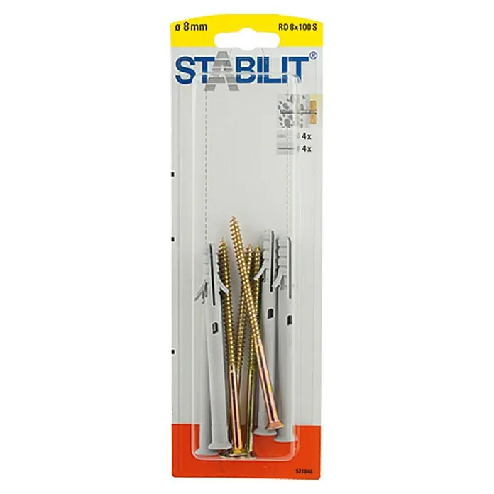 Stabilit Universal-Kragendübel-Set - Durchmesser Dübel: 8 mm, Länge Dübel: 100 mm, Kunststoff, 4 Stk. - Verpackung mit vier Dübeln und Schrauben der Marke Stabilit, geeignet für 8 mm Bohrlöcher. Perfekt für sichere Befestigungen im Haushalt.