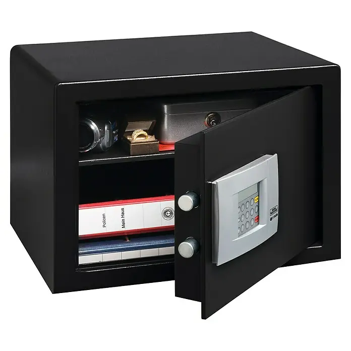 Burg-Wächter PointSafe Caja fuerte P3 E - L x An x Al: 35 x 44,2 x 32 cm, Cerradura de combinación electrónica, 38,8 l - Una caja fuerte negra con la puerta abierta, que revela objetos de valor y documentos. La caja fuerte tiene un cierre digital.