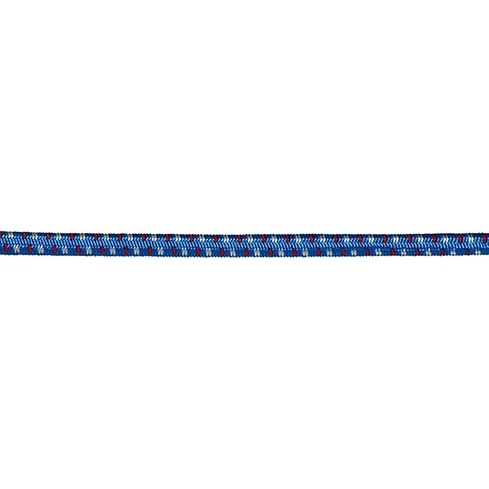 Stabilit Gummiseil Meterware - 4 mm, Als Zuschnitt erhältlich, Blau/Rot - Nahaufnahme eines blauen, elastischen Seils mit roten und weißen Akzenten, ideal für sichere Befestigungen.