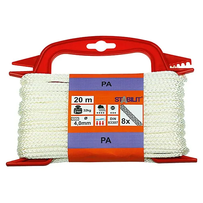 Stabilit Cuerda - 4 mm x 20 m, Poliéster, Blanco, Carga soportada: 32 kg - Bobina de cuerda PA de 20m de Stabilit, con un diámetro de 4,0mm y una capacidad de carga máxima de 32kg, ideal para aplicaciones versátiles.