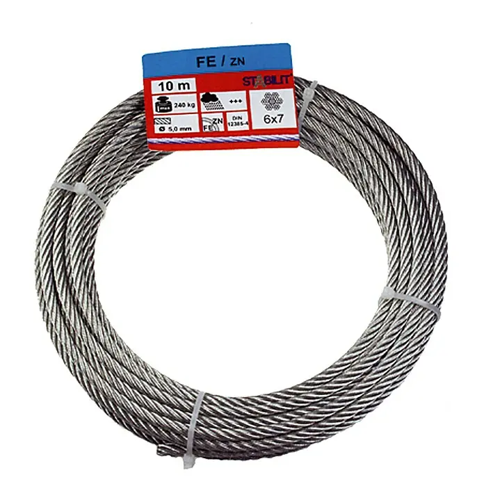 Stabilit Drahtseil - Ø x L: 5 mm x 1.000 cm, Belastbarkeit: 240 kg, Stahl - Stahlseil mit blauer FE/ZN-Kennzeichnung, 10 m Länge und 5,0 mm Durchmesser, aufgerollt und mit Kabelbindern fixiert.