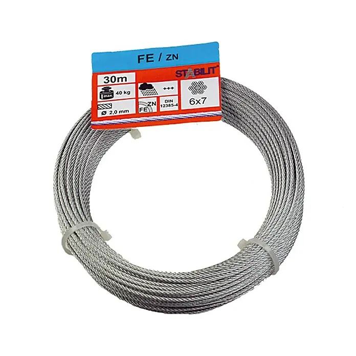 Stabilit Cable metálico - Ø x L: 2 mm x 3.000 cm, Carga soportada: 40 kg, Acero - Cable de acero plateado enrollado con una etiqueta azul y blanca que muestra información del producto como la longitud y la capacidad de carga.