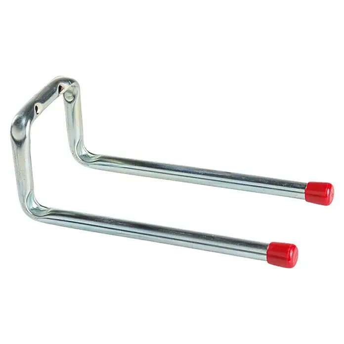Stabilit Doppel-Wandhaken - 20 x 9 x 8 cm, Belastbarkeit: 15 kg, Verzinkt - Metallischer Wandhaken mit roten Endkappen, ideal zur Aufbewahrung von Werkzeugen und Gartengeräten in Garage oder Werkstatt.