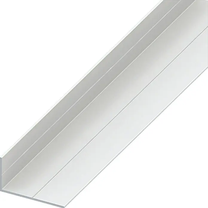 Kantoflex Winkelprofil2.500 x 53,6 x 29,5 mm, Stärke: 2,4 mm, Hart-PVC, Weiß - Nahaufnahme eines Winkelprofils aus Aluminium, das für Bau- und Konstruktionsanwendungen verwendet wird.
