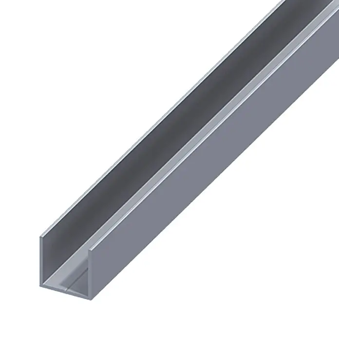 Kantoflex U-Profil - 1.000 x 35,5 x 35,5 mm, Stärke: 2,4 mm, Grau - Abbildung eines U-Profils aus Metall, das in einem Winkel auf einer weißen Fläche liegt. Es ist ideal für eine Vielzahl von Konstruktionsanwendungen.