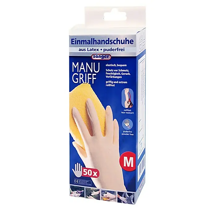 Sänger Einmalhandschuhe Manu Griff - M, Weiß, Latex, 50 Stk. - Eine Packung Einmalhandschuhe der Marke Sänger, hergestellt aus Latex, puderfrei und in der Größe M. Inhalt: 50 Stück.