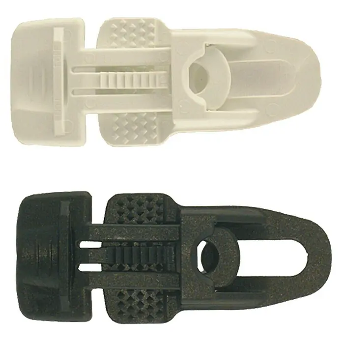 Conacord Multi-Clip - Apto para: Lona, 2 ud. - La imagen muestra vistas detalladas de dos cierres de tensión, uno en blanco y otro en negro, para diversas aplicaciones.