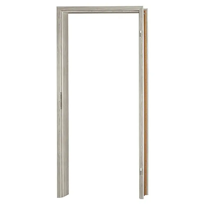 GetaDoor Lamineo Türzarge GLN 38 - 860 x 1.985 mm, Wandstärke: 100 mm, DIN Anschlag: Links/Rechts, Eiche Silber - Nahaufnahme eines leeren, unlackierten Türrahmens mit schlichten, sauberen Linien und subtilen Holzmaserungsdetails.