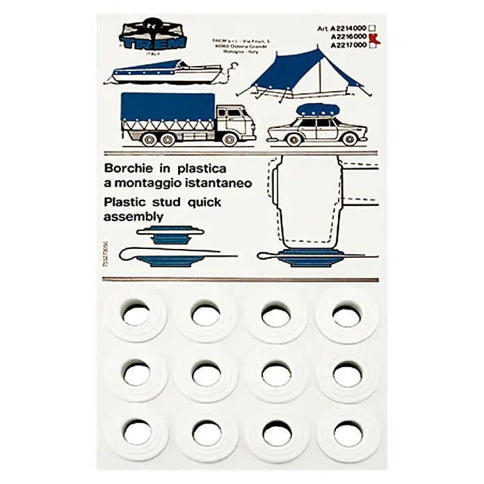 Rundkausche - Weiß, 15 mm, Kunststoff, 12 Stk. - Bild einer Packung TREM-Kunststoffnieten für die schnelle Montage, ideal für Bootverdecke und Zelte.