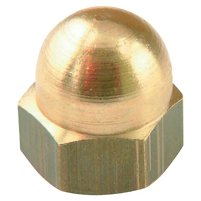 Sechskant-Hutmutter - M 5, Schlüsselweite: 8 mm, Messing - Nahaufnahme einer Messing-Hutmutter, die ein typisches Befestigungselement im Maschinenbau darstellt.