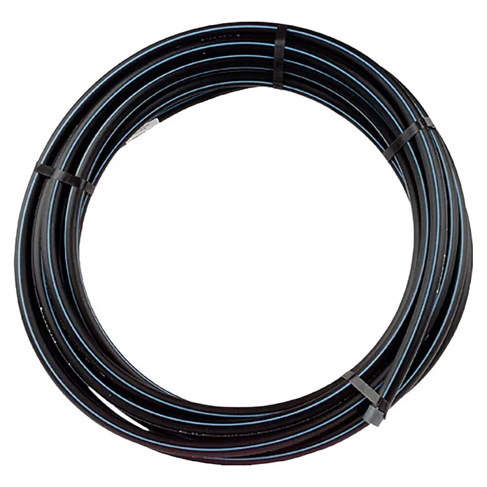HDPE-Rohr - Ø x L: 25 mm x 50 m - Schwarzes Polyethylenrohr mit blauen Streifen, aufgerollt und mit Kabelbindern fixiert. Ideal für Bewässerungssysteme.