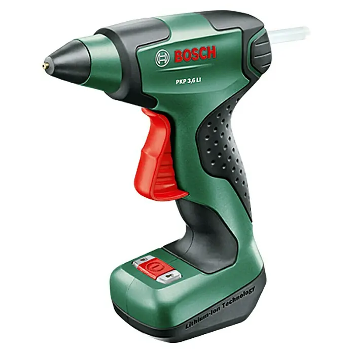 Bosch Pistola termoadhesiva de batería PKP 3,6 LI - 3,6 V, Iones de litio, 1,5 Ah, Diámetro cartucho de cola: 7 mm - Pistola de pegamento sin cable Bosch PKP 3.6 LI con gatillo rojo y empuñadura negra para pegar sin cable con tecnología de iones de litio.