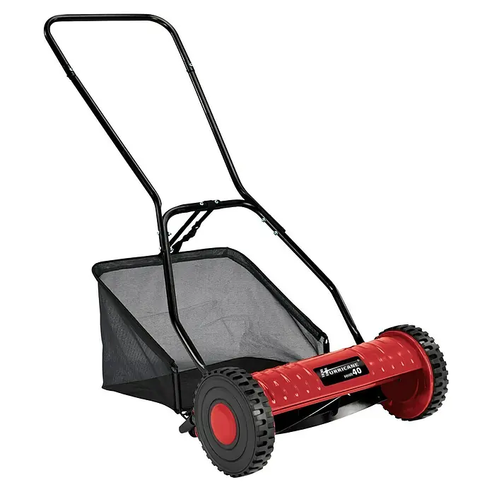Hurricane Spindelmäher HHR 40 - Schnittbreite: 40 cm - Abbildung eines Hurricane HHR 40 Spindelmähers mit Fangkorb, ideal für präzise Rasenpflege ohne Strom.