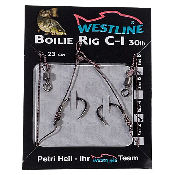 Westline Boilie Rig C-I - Größe: 4, Mit Widerhaken, Länge: 23 cm, 2 Stk. - Westline Boilie Rig C-I 30lb, eine Angelvorrichtung mit zwei Haken, ideal für Karpfenangler. Die Montage ist 23 cm lang und mit den Hakengrößen 2, 4, 6 und 8 erhältlich.