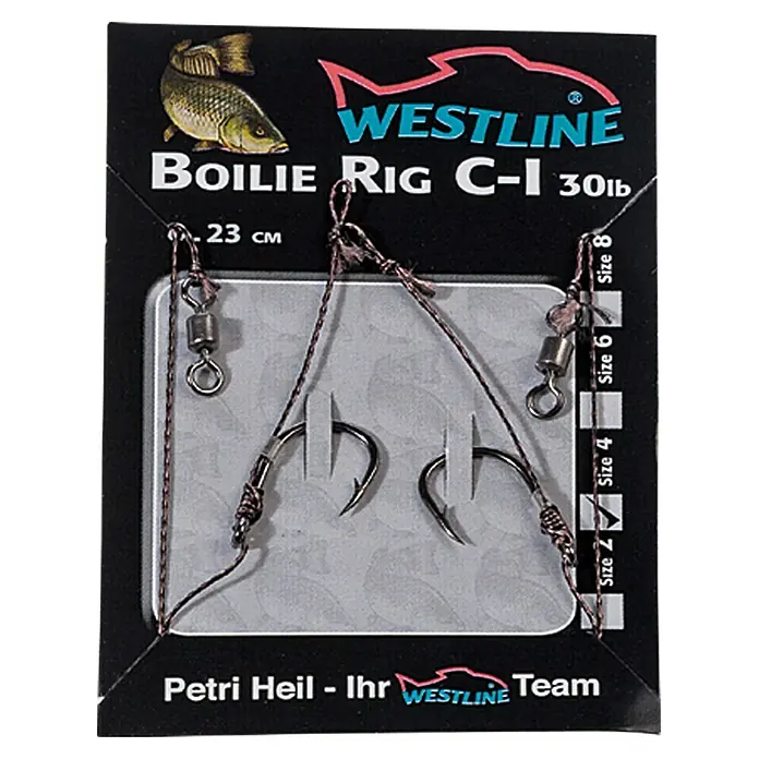 Westline Boilie Rig C-I - Größe: 4, Mit Widerhaken, Länge: 23 cm, 2 Stk. - Westline Boilie Rig C-I 30lb, eine Angelvorrichtung mit zwei Haken, ideal für Karpfenangler. Die Montage ist 23 cm lang und mit den Hakengrößen 2, 4, 6 und 8 erhältlich.