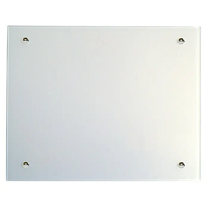 Admiral Infrarot-Glasheizkörper - 700 x 550 mm, 500 W, Weiß - Ein rechteckiges Acrylglas-Foto-Display mit vier Abstandshaltern in jeder Ecke, ideal zur Präsentation von Fotos oder Grafiken.