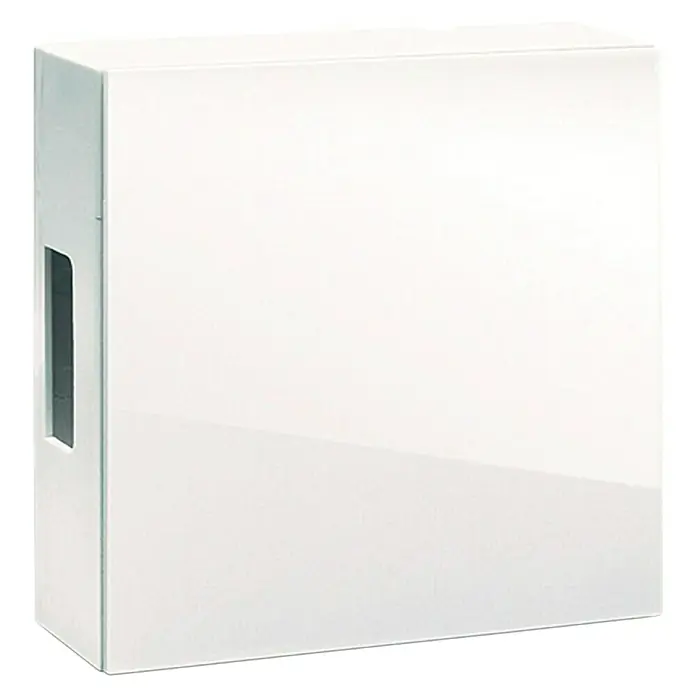 Grothe 2-Klang-Gong 465A - 47 x 118 x 118 mm, 83 dB, Weiß, Glänzend, Kunststoff - Das Bild zeigt einen weißen Hängeschrank mit einer rechteckigen Aussparung an der Seite, ideal für moderne Badezimmer und Küchen.