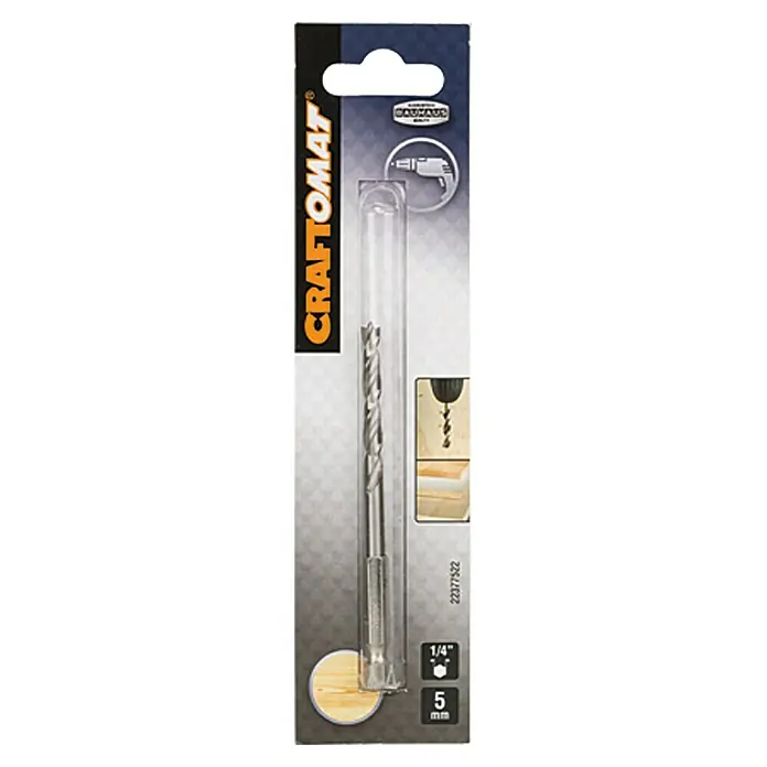 Craftomat Broca para madera - 1 ud., Diámetro de la broca: 5 mm, Longitud de trabajo: 52 mm - Imagen de un paquete de brocas helicoidales Craftomat de 1/4" / 5 mm, perfecto para perforar orificios precisos en madera y otros materiales.