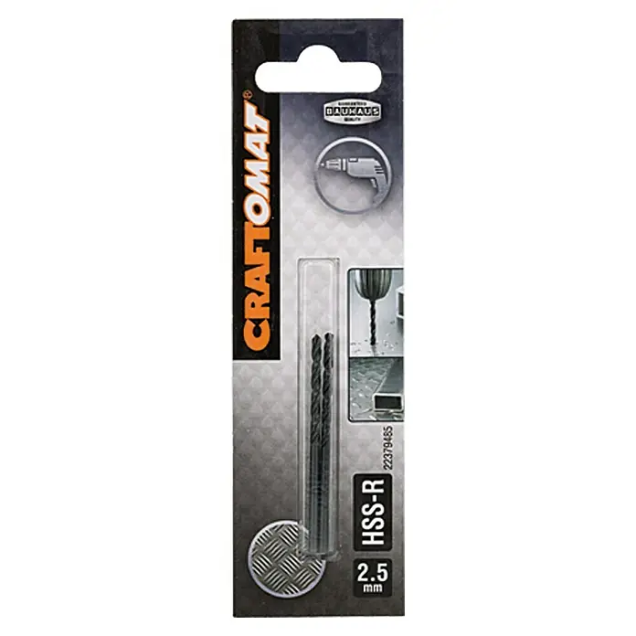 Craftomat Metallbohrer - HSS-R, Durchmesser Bohrer: 2,5 mm, 2 Stk. - Eine Packung Craftomat HSS-R Bohrer, Größe 2.5 mm, für präzise Bohrarbeiten in verschiedenen Materialien.
