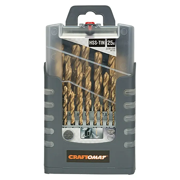 Craftomat Set de brocas Gripbox - Diámetro de la broca: 8,5 mm - Imagen de un juego de brocas HSS-TiN de 25 piezas de Craftomat, ideal para el trabajo del metal. Construcción sólida para perforaciones precisas.