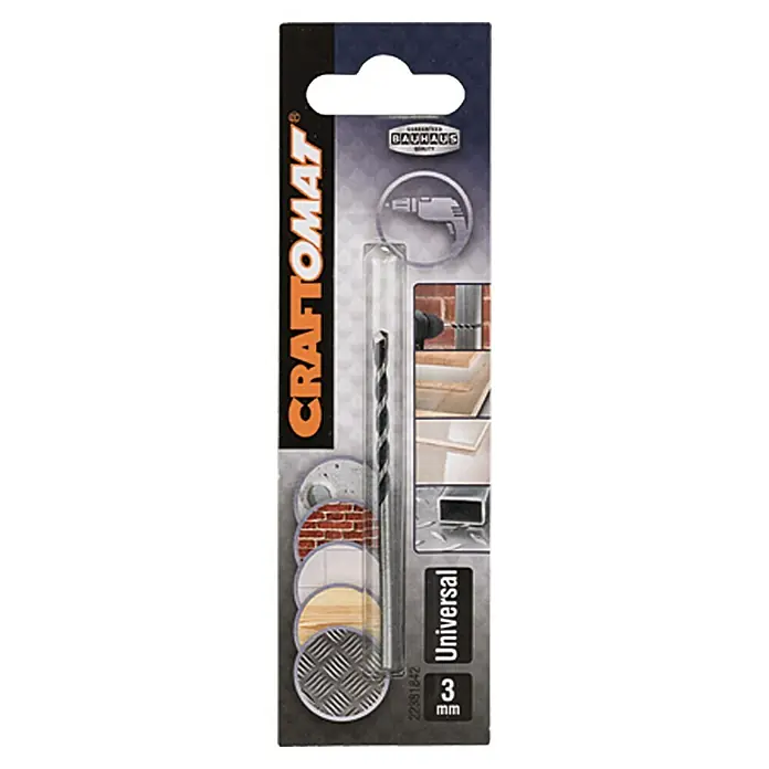 Craftomat Broca universal - 1 ud., Diámetro de la broca: 3 mm - Embalaje de una broca universal de 3 mm de Craftomat, apta para diversos materiales como azulejos, madera, metal y mampostería.