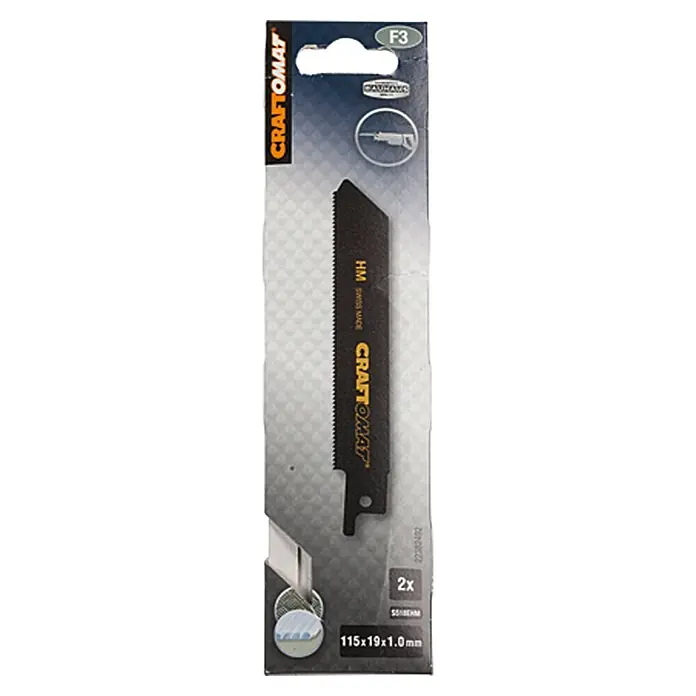 Craftomat Hoja de sierra de sable S 518 EHM - Inox/Acero inoxidable, 2 pzs., Distancia entre dientes: 1,4 mm - Imagen de una hoja de sierra de calar Craftomat HM Swiss Made de 115x19x1,0 mm, empaquetada para su venta al por menor.