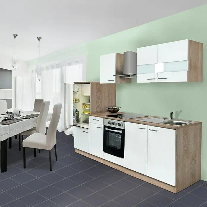 Respekta Küchenzeile Cuisine KB270ESWGCBO - Breite: 270 cm, Weiß, Mit Elektrogeräten - Küchenzeile mit weißen Schränken, Spüle und Kochfeld, ideal für moderne Wohnungen. Holzfarbene Akzente sorgen für Wärme.