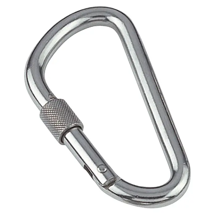 Karabinerhaken mit Sicherheitsmutter - Ø x L: 10 x 115 mm, Bruchlast: 1.200 kg, Edelstahl, A4 - Nahaufnahme eines D-förmigen Karabiners mit Schraubverschluss. Ideal für Outdoor-Aktivitäten wie Klettern und Camping.