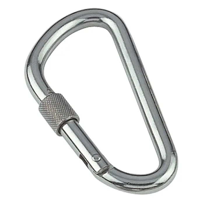 Karabinerhaken mit Sicherheitsmutter - Ø x L: 10 x 115 mm, Bruchlast: 1.200 kg, Edelstahl, A4 - Nahaufnahme eines D-förmigen Karabiners mit Schraubverschluss. Ideal für Outdoor-Aktivitäten wie Klettern und Camping.