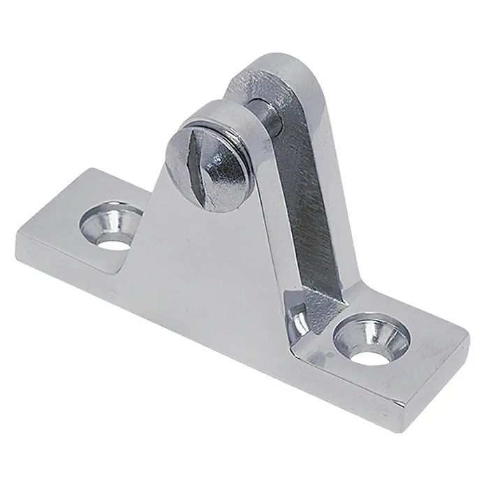 Marinetech Verdeckbeschlag - 56 x 17 x 35 mm, 90 °, Edelstahl, A4 - Das Bild zeigt ein glänzendes, silbernes Bootsdeckscharnier aus Metall mit einer Schraube in der Mitte und zwei Befestigungslöchern.