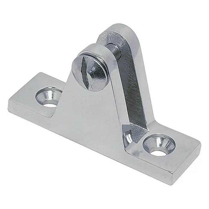 Marinetech Verdeckbeschlag - 56 x 17 x 35 mm, 90 °, Edelstahl, A4 - Das Bild zeigt ein glänzendes, silbernes Bootsdeckscharnier aus Metall mit einer Schraube in der Mitte und zwei Befestigungslöchern.