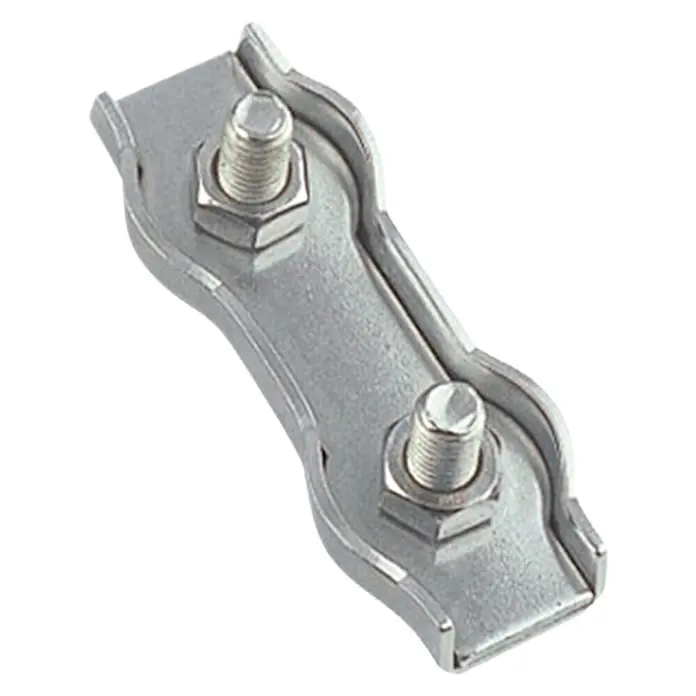 Drahtseilklemme Duplex - Seildurchmesser: 6 mm, Gewinde: M6, A4 Stahl, 63 mm, 1 Stk. - Metallklemme mit zwei Schrauben zur Befestigung von Kabeln oder Rohren. Robuste Bauweise für zuverlässigen Halt.
