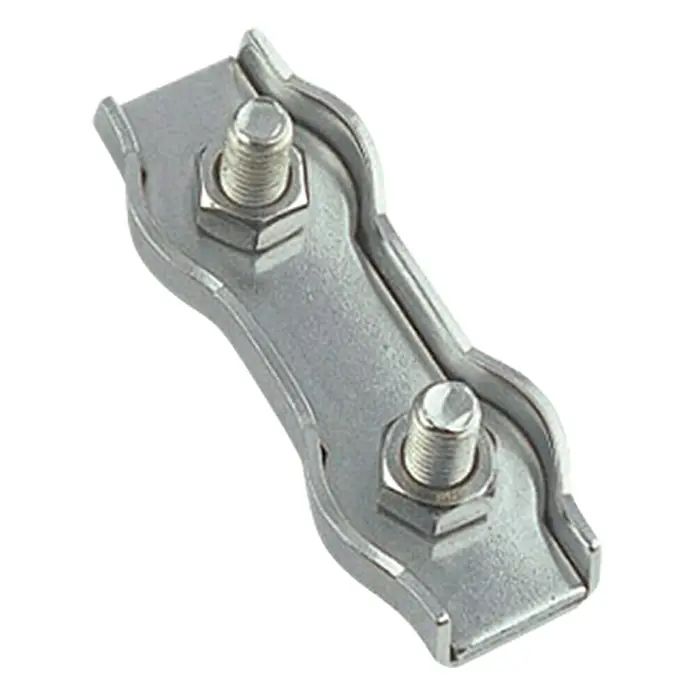Drahtseilklemme Duplex - Seildurchmesser: 6 mm, Gewinde: M6, A4 Stahl, 63 mm, 1 Stk. - Metallklemme mit zwei Schrauben zur Befestigung von Kabeln oder Rohren. Robuste Bauweise für zuverlässigen Halt.