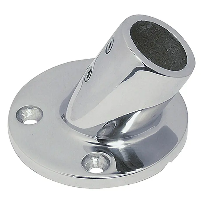 Relingfuß - Neigungswinkel: 60 °, Durchmesser: 25 mm, Edelstahl, A4 - Detailaufnahme eines polierten Relingfußes aus Edelstahl, ideal für Bootszubehör und maritime Anwendungen.