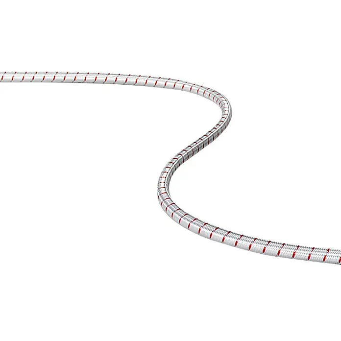 Robline Gummileine Meterware - Durchmesser: 4 mm, Weiß/Rot, Gummi - Aufnahme eines elastischen, weiß-roten Expanderseils auf einem weißen Hintergrund.
