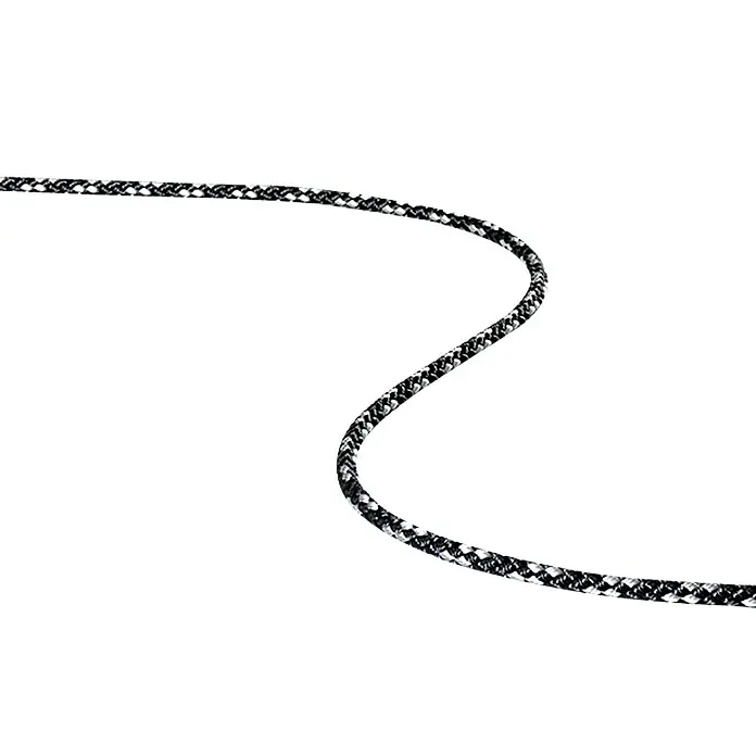 Robline Leine Meterware 8-Plaited-Dinghy - 5 mm, Schwarz/Silber, Polyester - Abgebildet ist ein geflochtenes Kabel in Schwarz und Weiß. Das Kabel schlängelt sich über einen weißen Hintergrund.